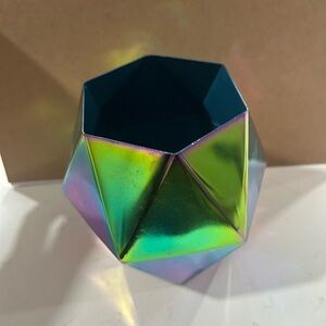 Irredecent pencil cup. 4" high by 5" wide with felt button. excellent condition.